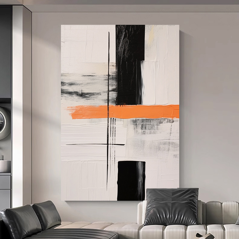 Abstract Large Black White Orange Oil Painting Canvas Wall Art Living Room
