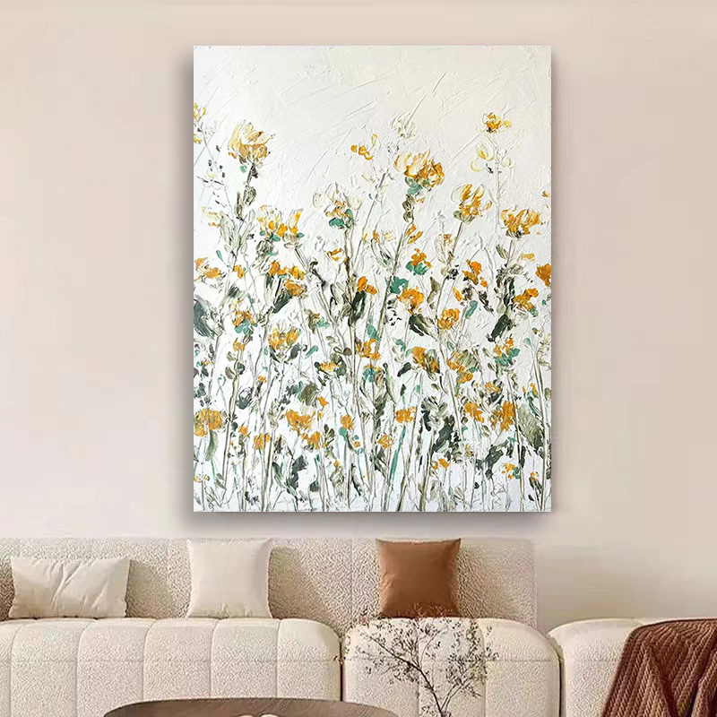 Floral White Cream Oil Painting Canvas Wall Art Living Room