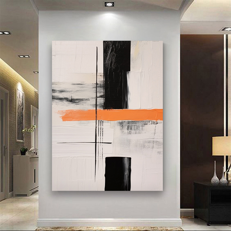 Abstract Large Black White Orange Oil Painting Canvas Wall Art Living Room