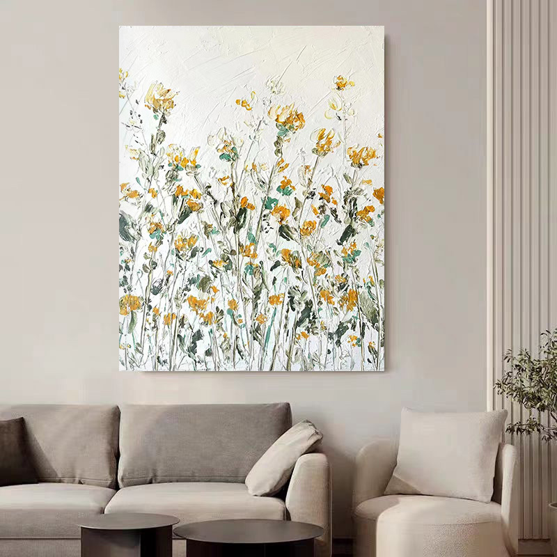 Floral White Cream Oil Painting Canvas Wall Art Living Room