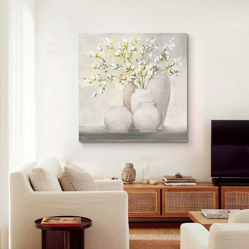 Floral Green White Oil Painting Canvas Wall Art Living Room Hallway