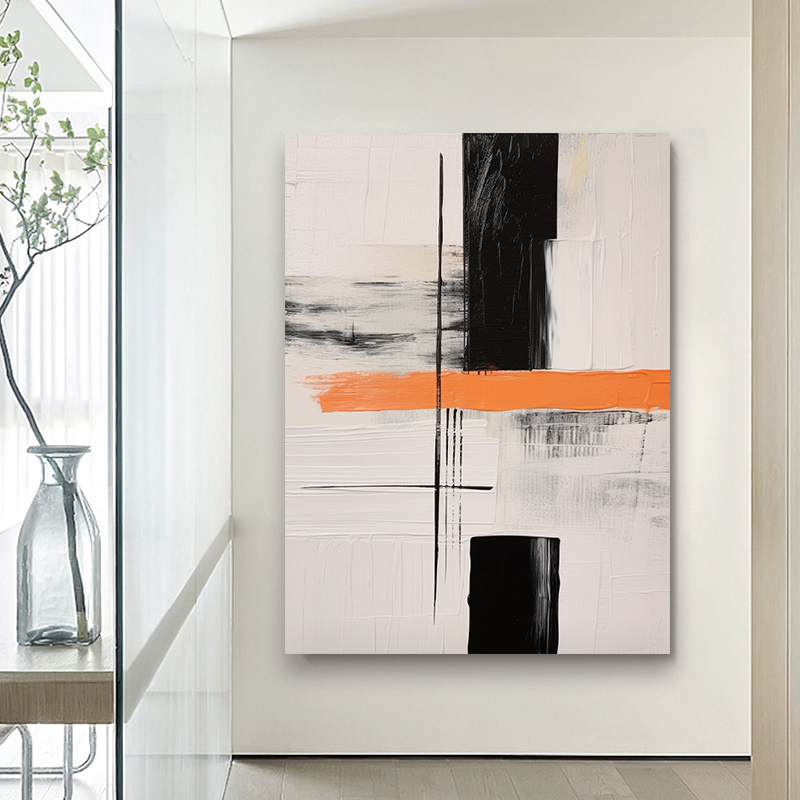 Abstract Large Black White Orange Oil Painting Canvas Wall Art Living Room