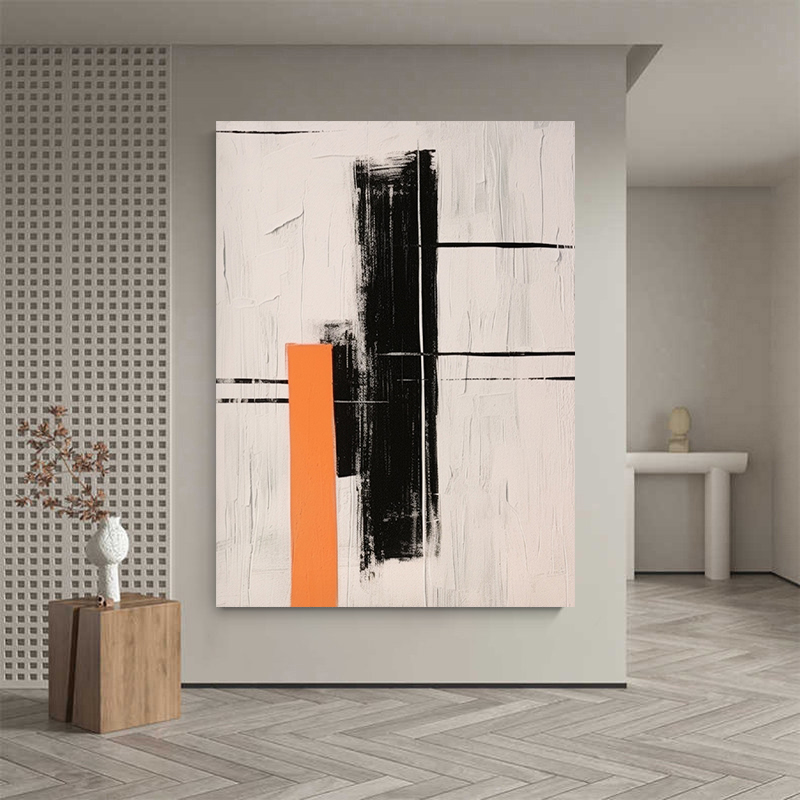 Abstract Large Black White Orange Oil Painting Canvas Wall Art Living Room