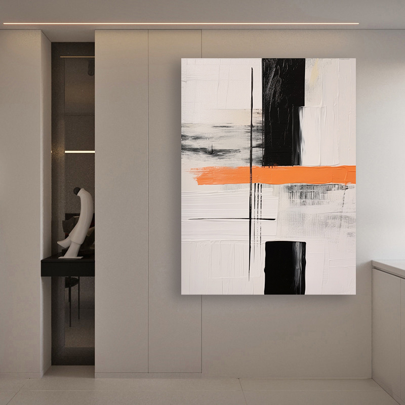 Abstract Large Black White Orange Oil Painting Canvas Wall Art Living Room