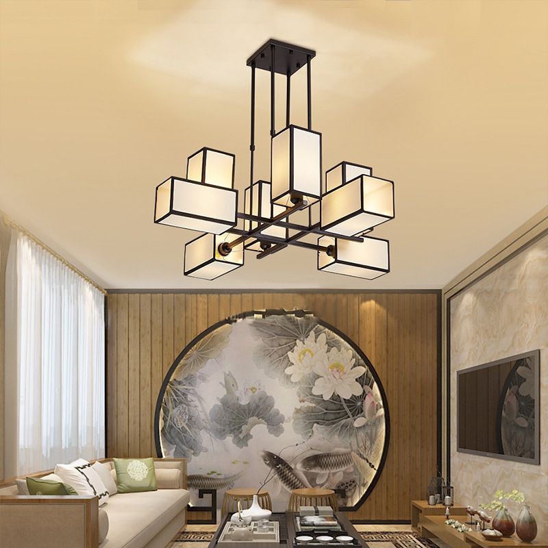 Lacey Pendant Light Square Retro, Metal/Fabric, Black/Gold, Living Room