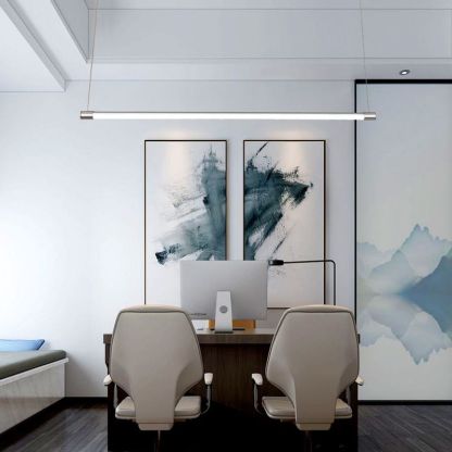 Modern office with linear pendant lighting.