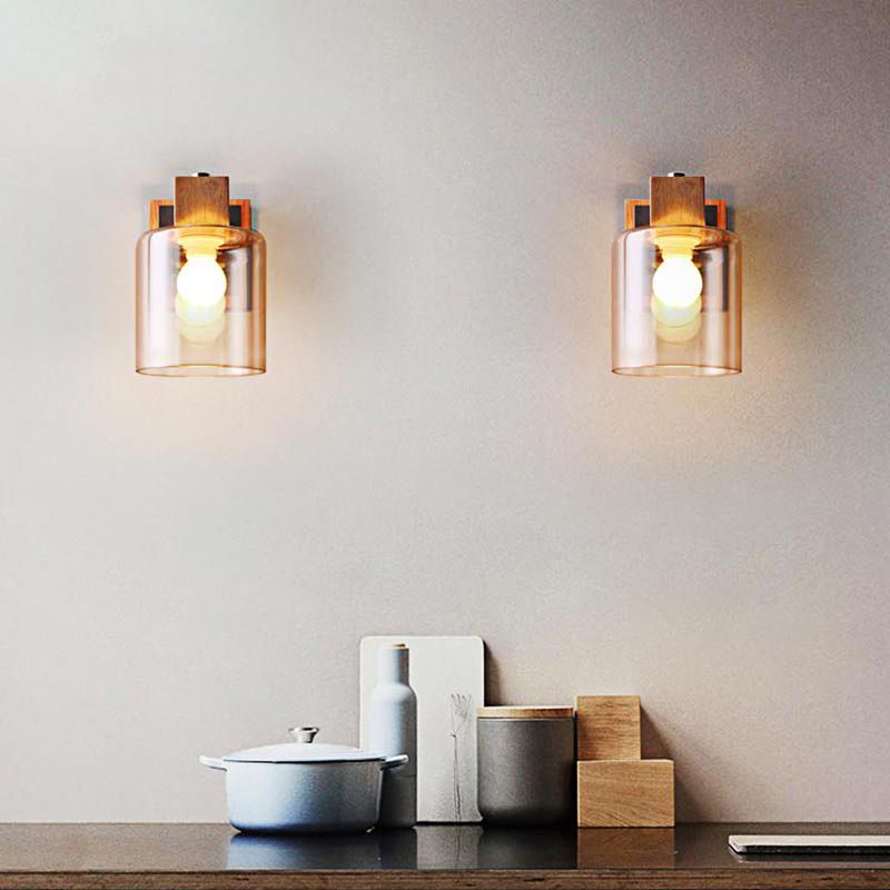 Eryn Vintage Cylindrical Mini Wall Lamp, Wood/Glass