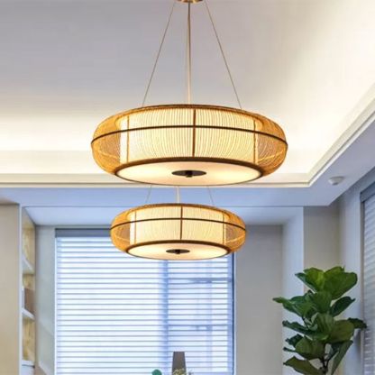 Ozawa basket weave pendant light. Wood and metal fixture.