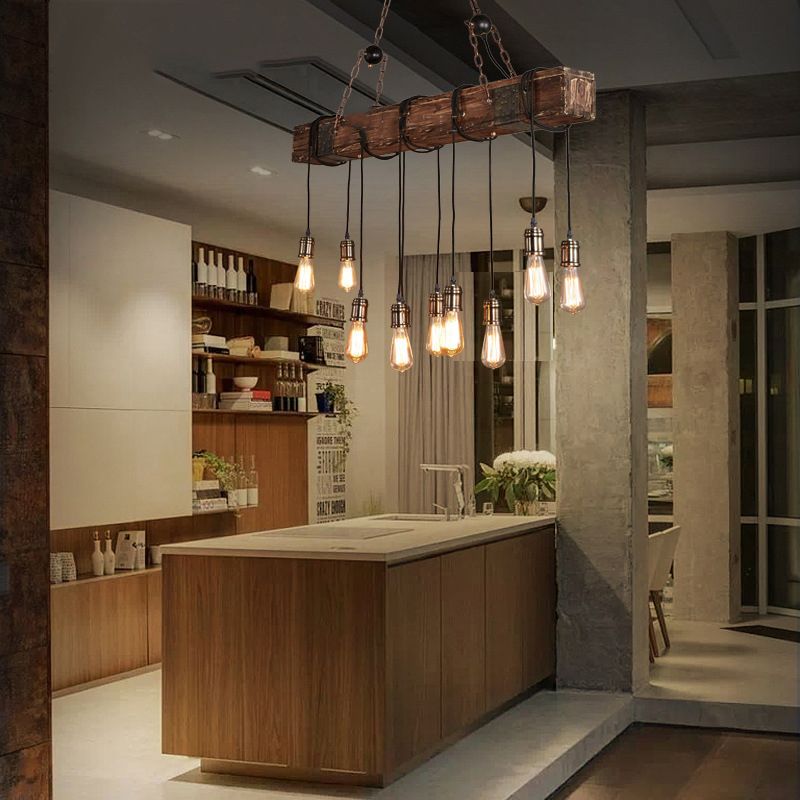 Retro wood pendant light over kitchen island