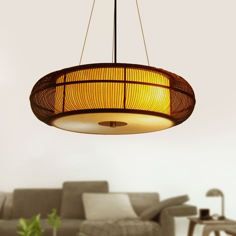 Ozawa wood pendant light. Basket weave metal lighting fixture.