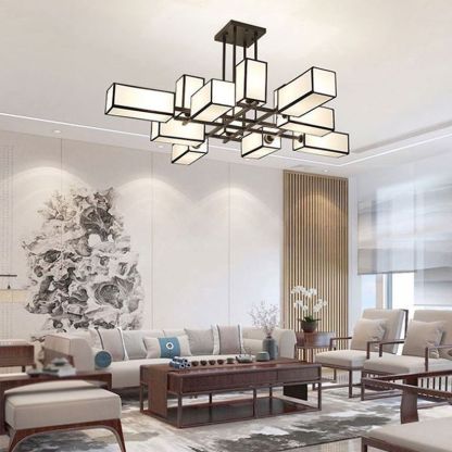 Lacey Pendant Light Square Retro, Metal/Fabric, Black/Gold, Living Room