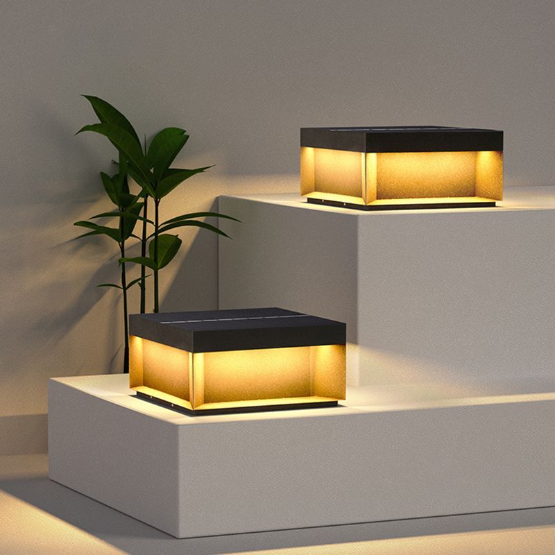 Riley Modern Square Metal Solar Outdoor Lamps Post, Black Gold