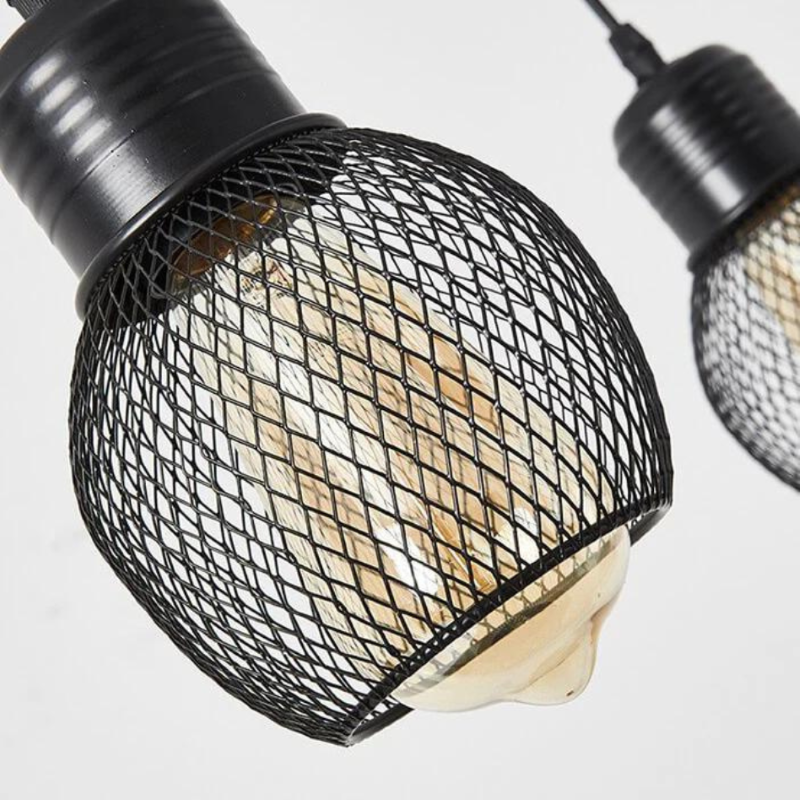 Alessio Industrial Chandelier bulb close-up. Metal cage pendant light.