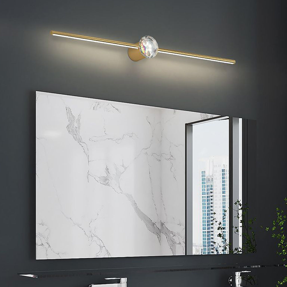 Kristy Minimalist Linear Metal/Crystal Mirror Front Vanity Wall Lamp, Gold