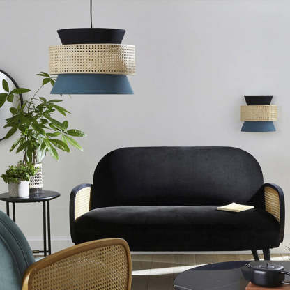 Ritta Retro Rattan/Fabbric Pendant Light, Dark Green