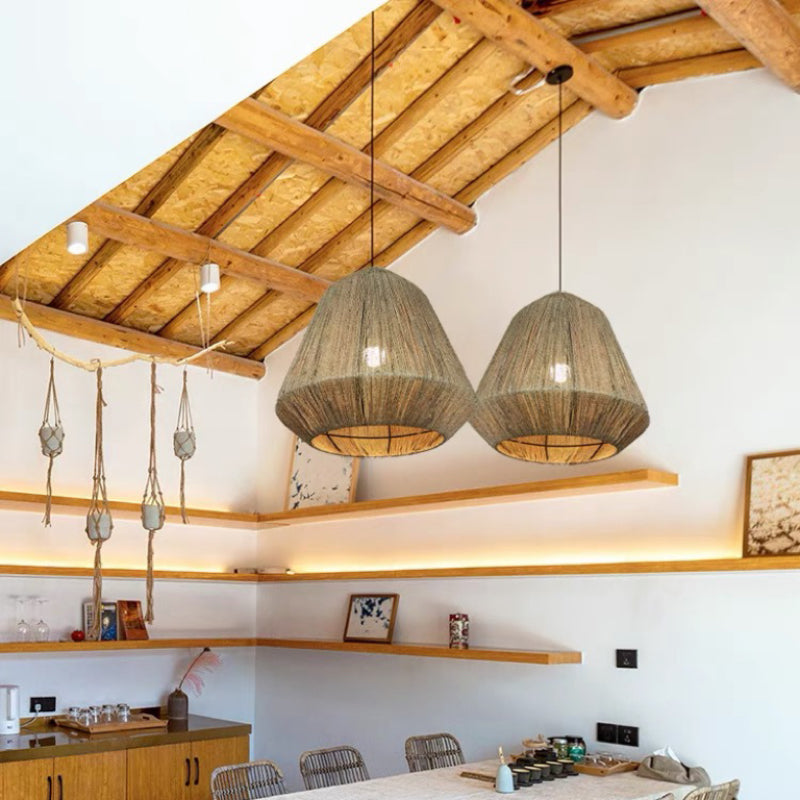 Rustic Lantern Metal Rope Pendant Light Grey Restaurant