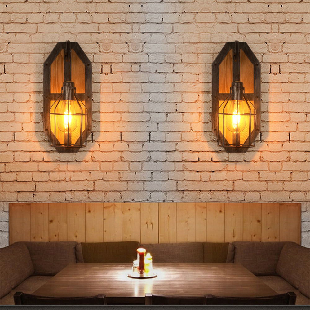Birdcage wall lamp in dining room, rustic metal and wood sconce