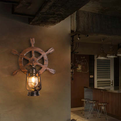 Retro rudder wall lamp, wooden ship wheel design