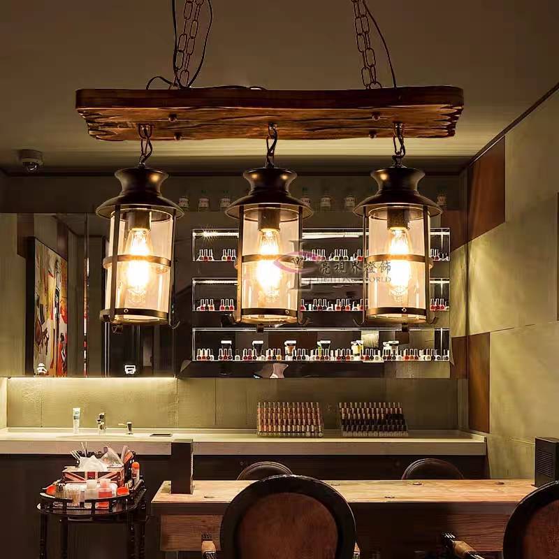 Retro linear chandelier with wood and metal accents