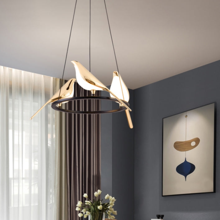 Art Deco bird pendant light in a modern living room.