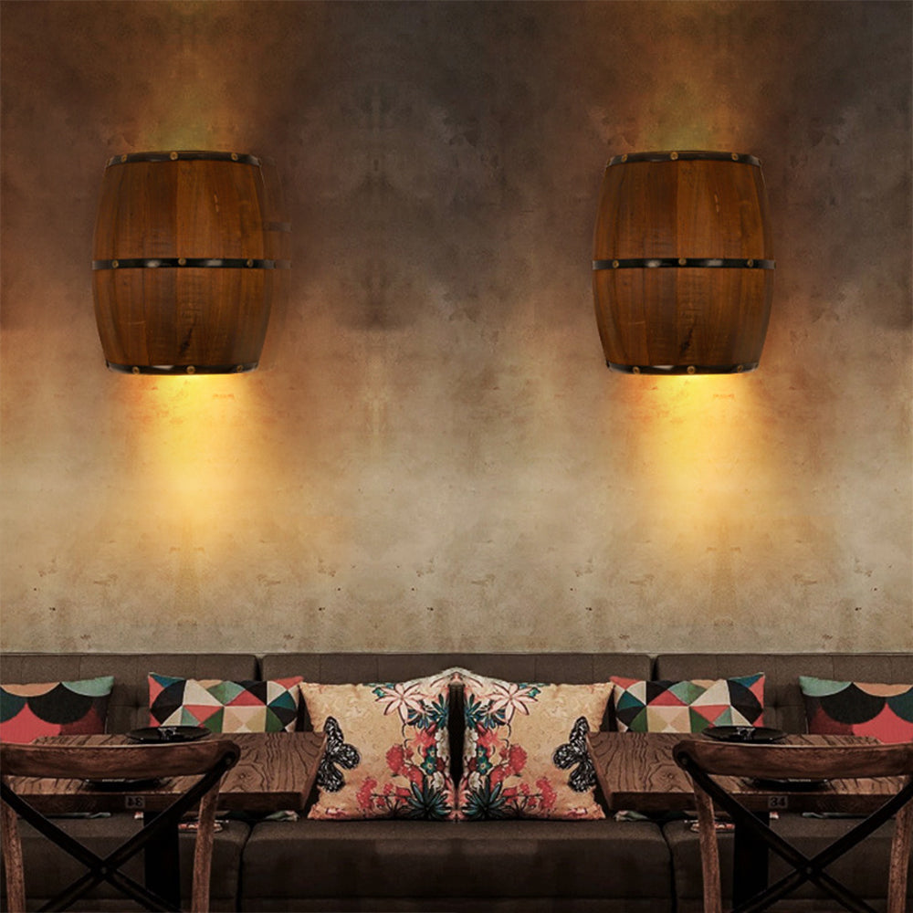 Rustic barrel wall lamps, Alessio wooden lighting for dining room