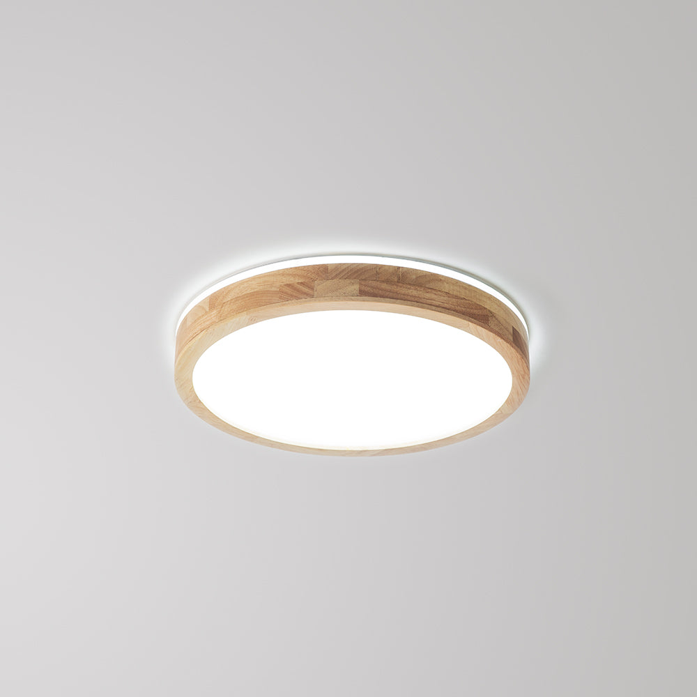 Ozawa round wood flush mount ceiling light on white ceiling