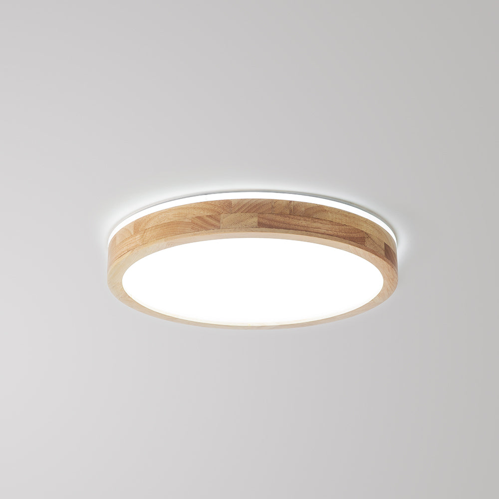 Ozawa round wood flush mount ceiling light on ceiling.