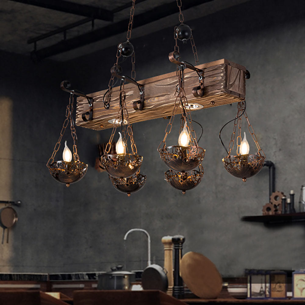 Rustic bronze pendant light. Wood and metal industrial fixture.