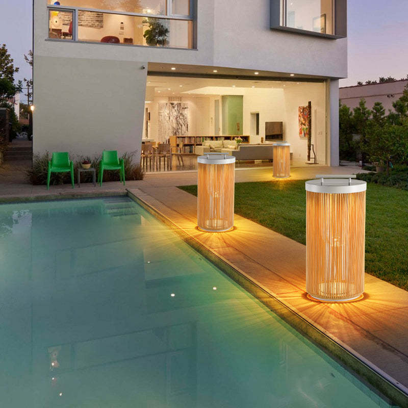 Ritta Retro Metal/Rattan Floor Lamp, Hardwired/Solar/LED, Outdoor