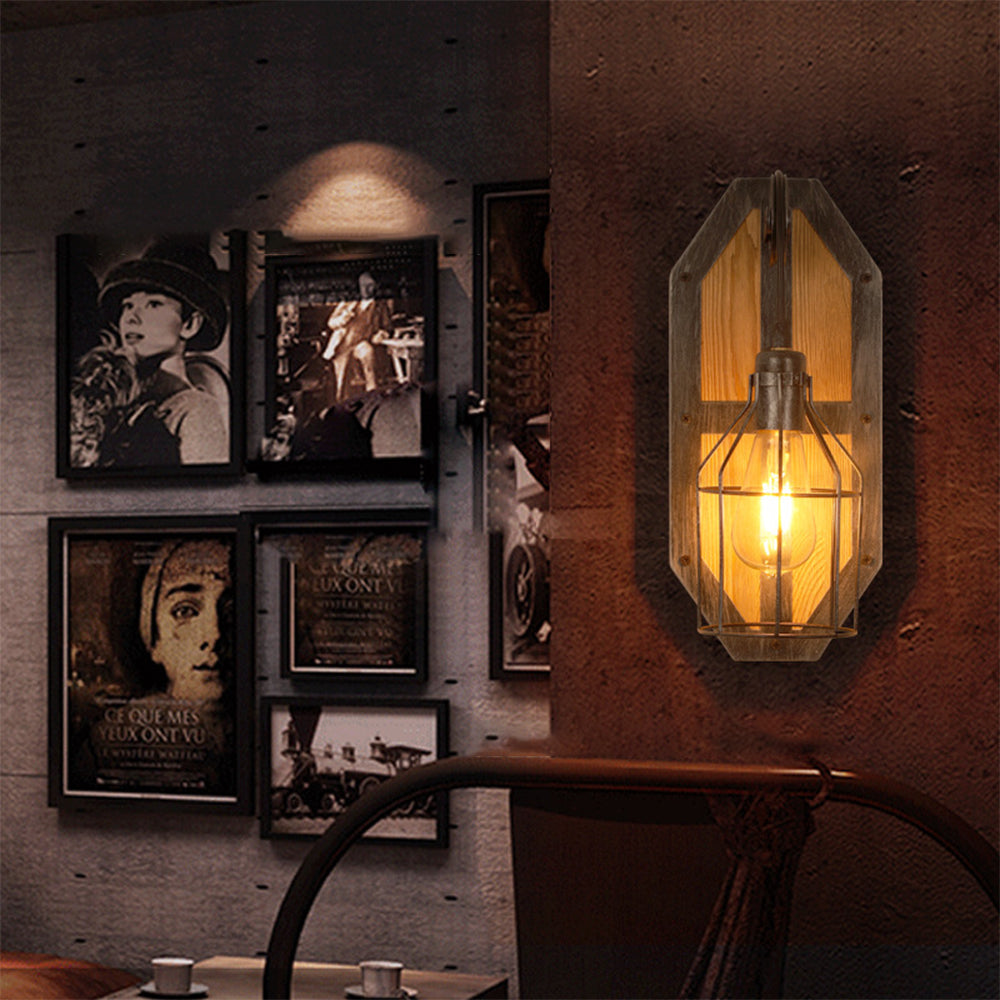 Rustic birdcage wall lamp, metal and wood sconce