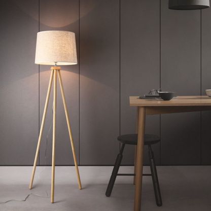 Muto Modern Cylinder Wood Fabric Floor Lamp, White/Beige