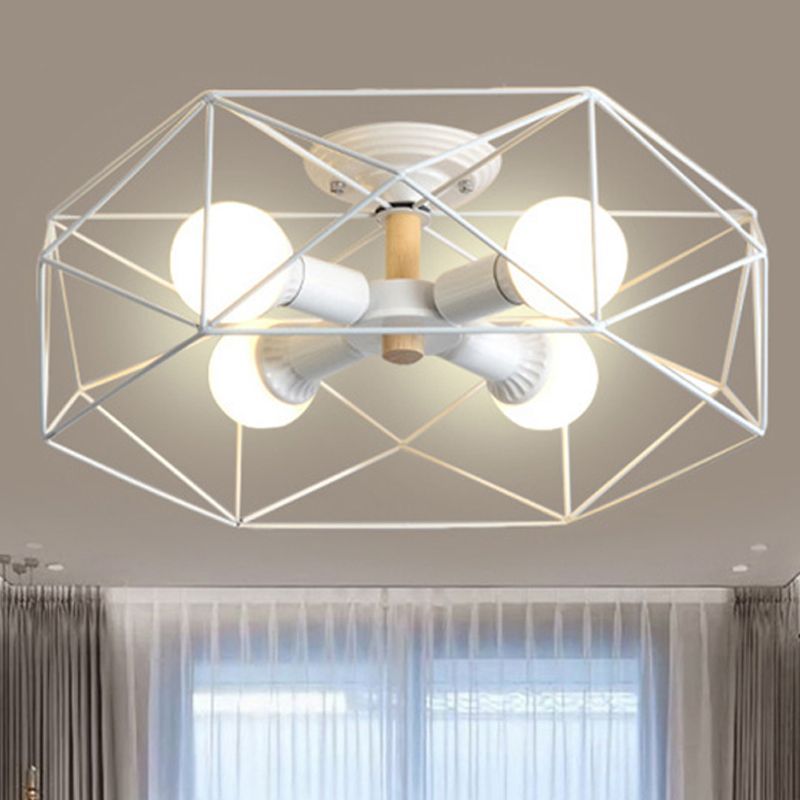 White geometric flush mount ceiling light with bulbs