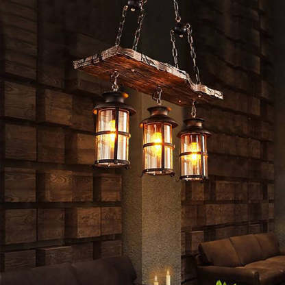 Retro Wood and Metal Lantern Chandelier