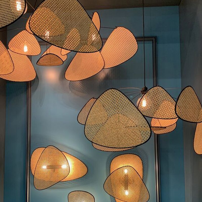 Ritta Pendant Light Leaf Grid, Rattan/Metal, Bedroom
