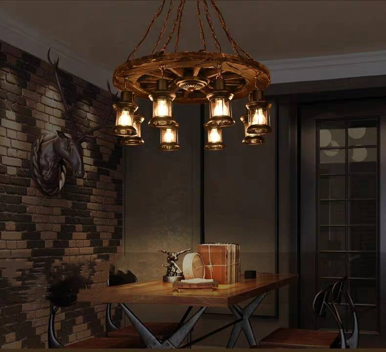 Wood & metal pendant light over dining table.