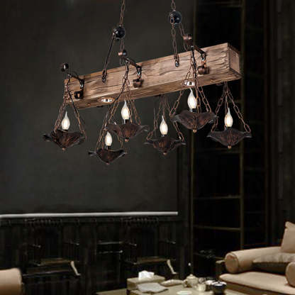 Austin industrial pendant light. Bronze metal and wood fixture.