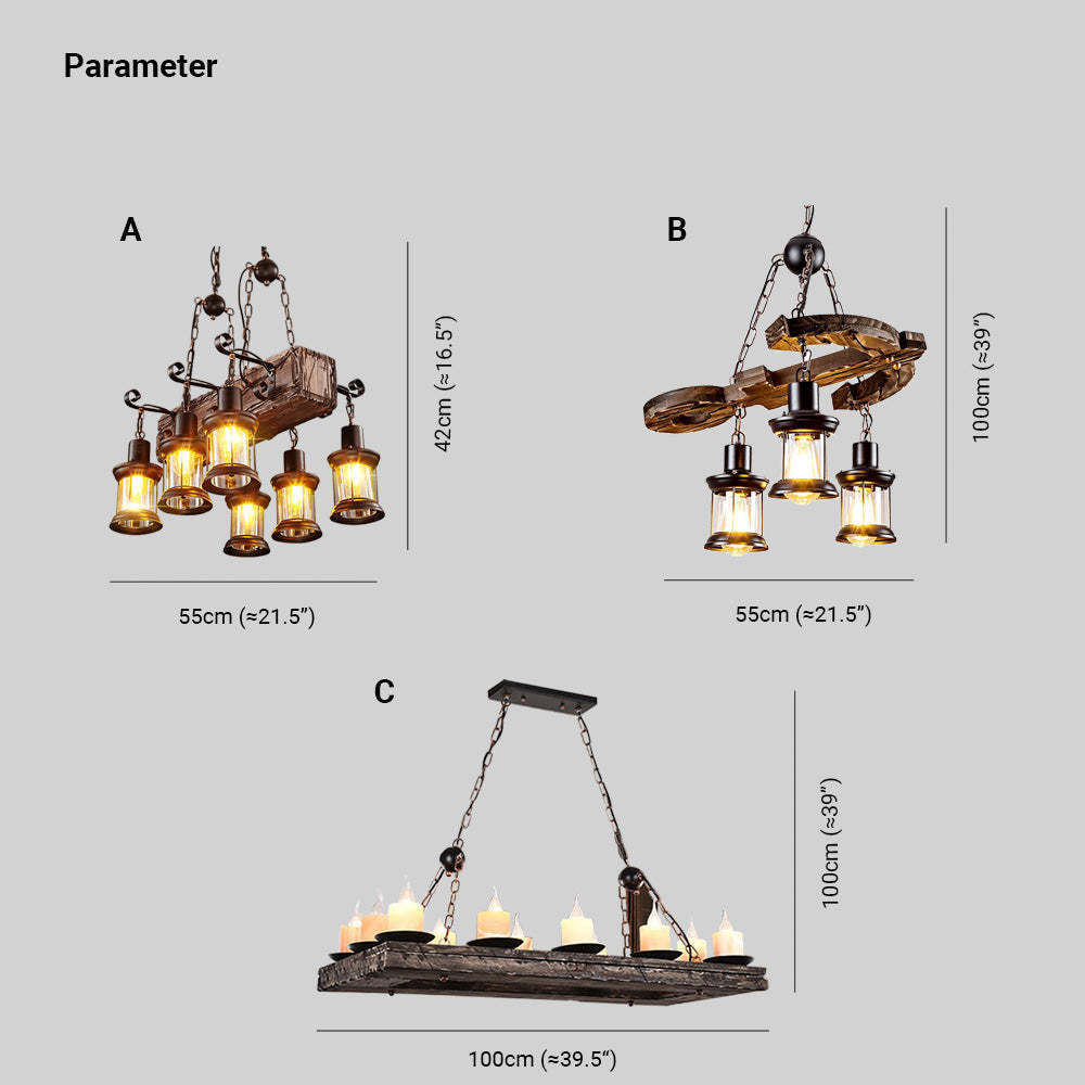 Austin Chandelier sizes: 21.5/39.5 inch rustic wood & metal styles.