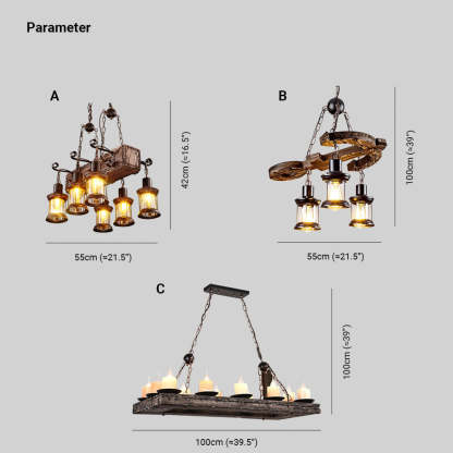 Austin Chandelier sizes: 21.5/39.5 inch rustic wood & metal styles.