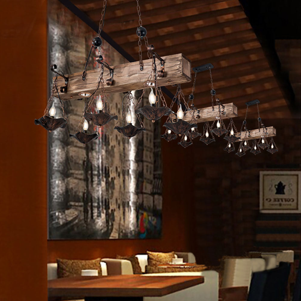 Bronze Austin wood pendant light. Industrial metal lighting fixture.