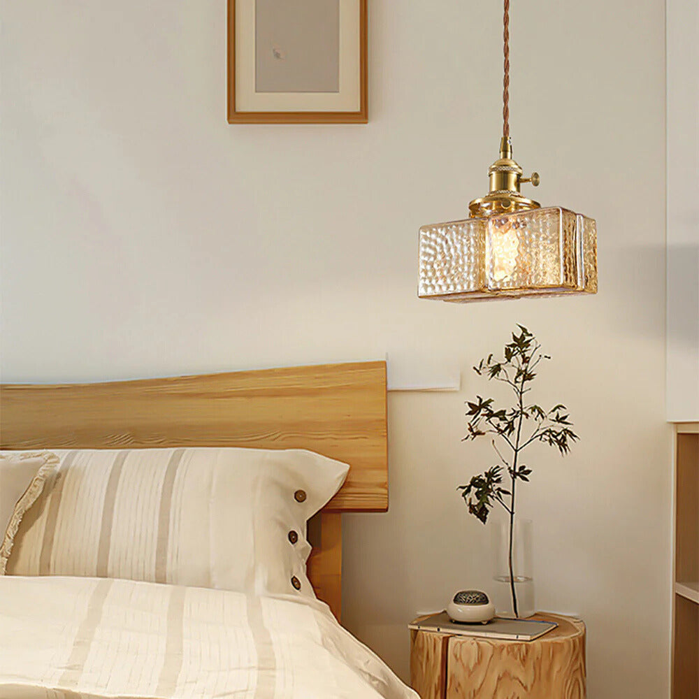 Vintage Pendant Light above Bedside Table