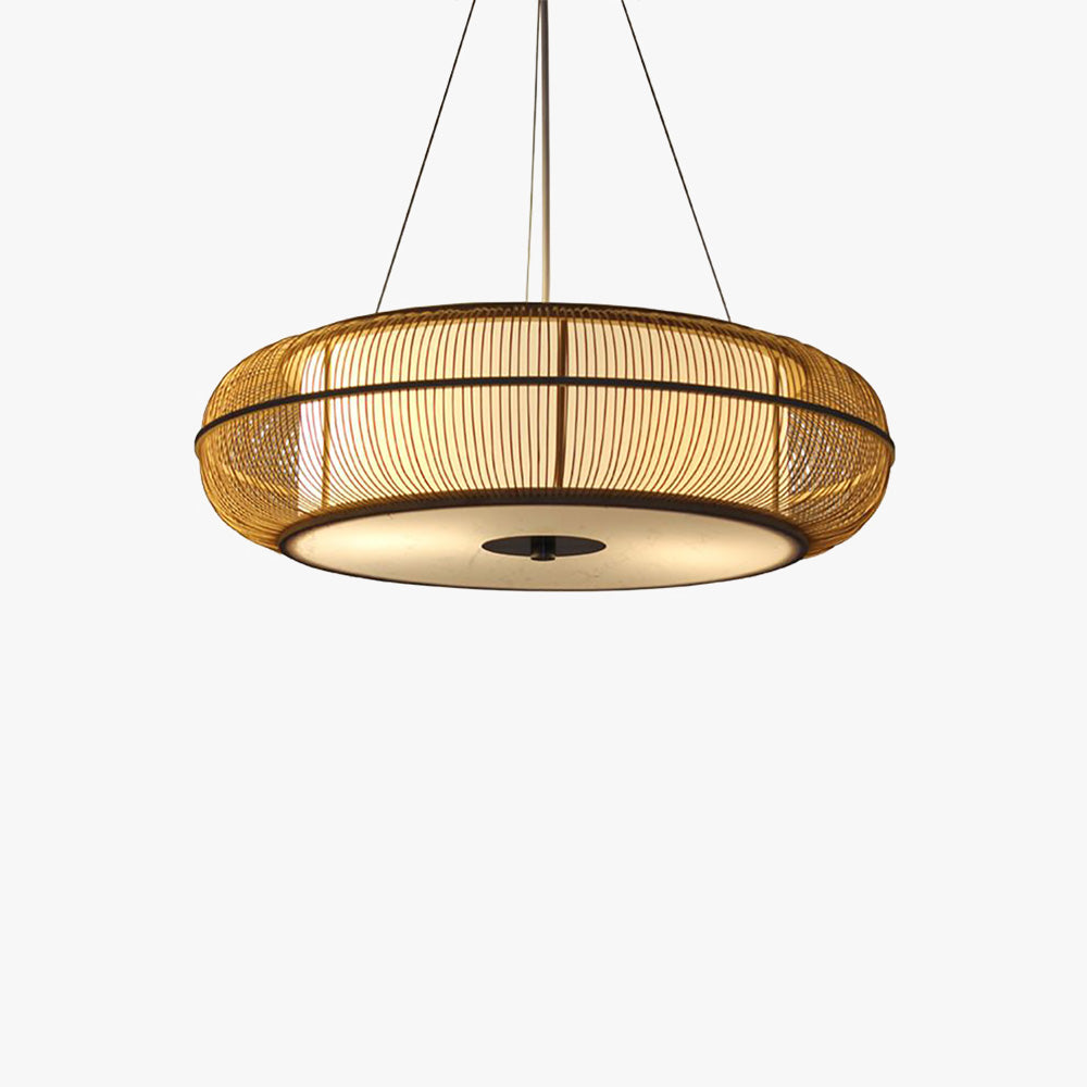 Ozawa pendant light. Woven basket weave wood and metal pendant lighting.