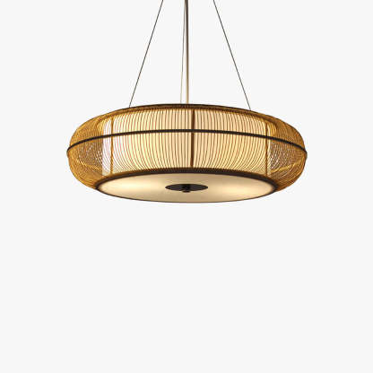 Ozawa pendant light. Woven basket weave wood and metal pendant lighting.