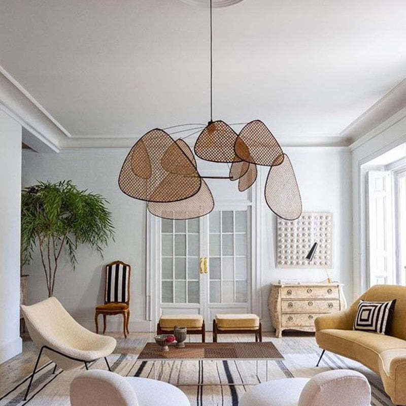 Ritta Pendant Light Leaf Grid, Rattan/Metal, Bedroom