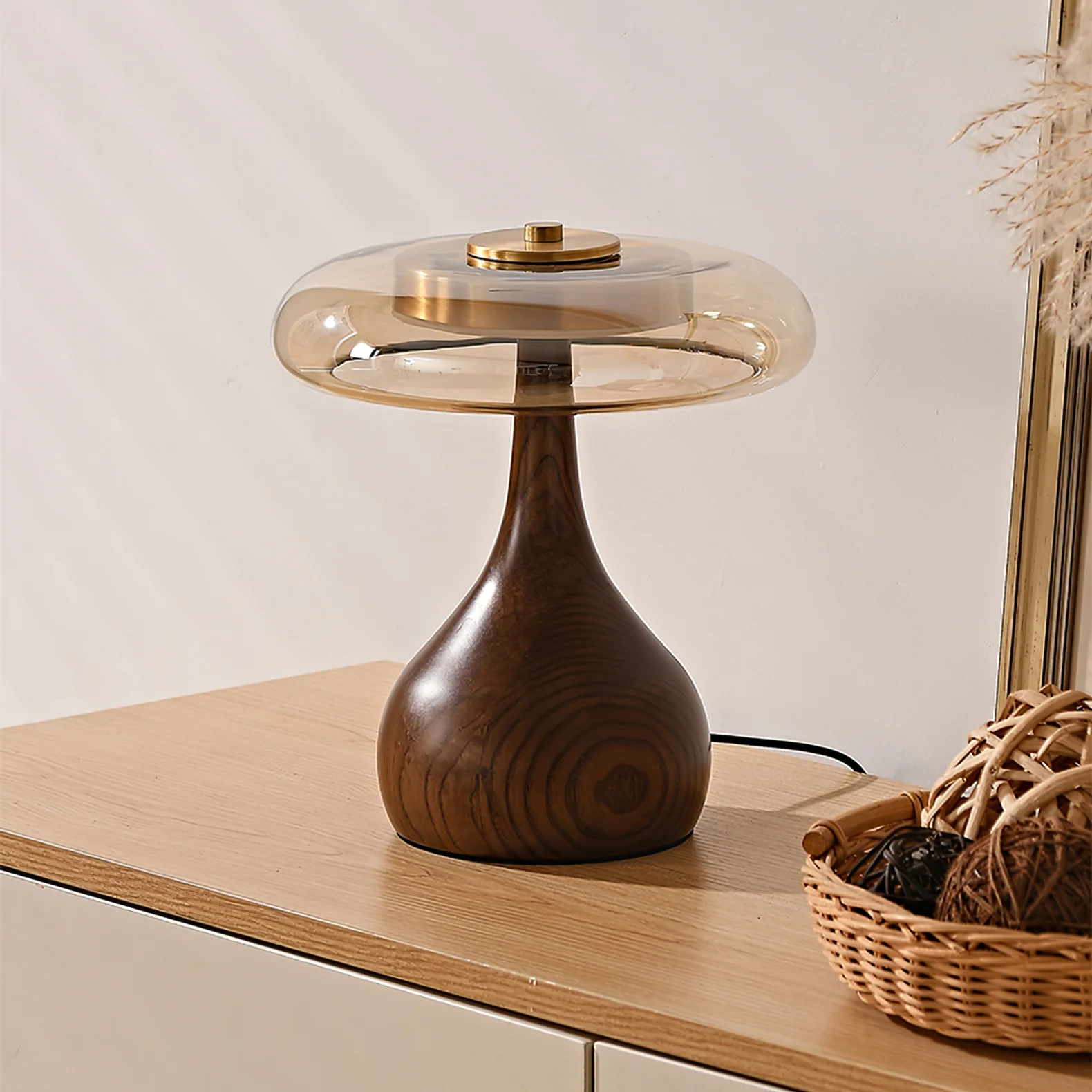 Ozawa Vintage Glass Wood Brass Table Lamp Bedroom Dining Room