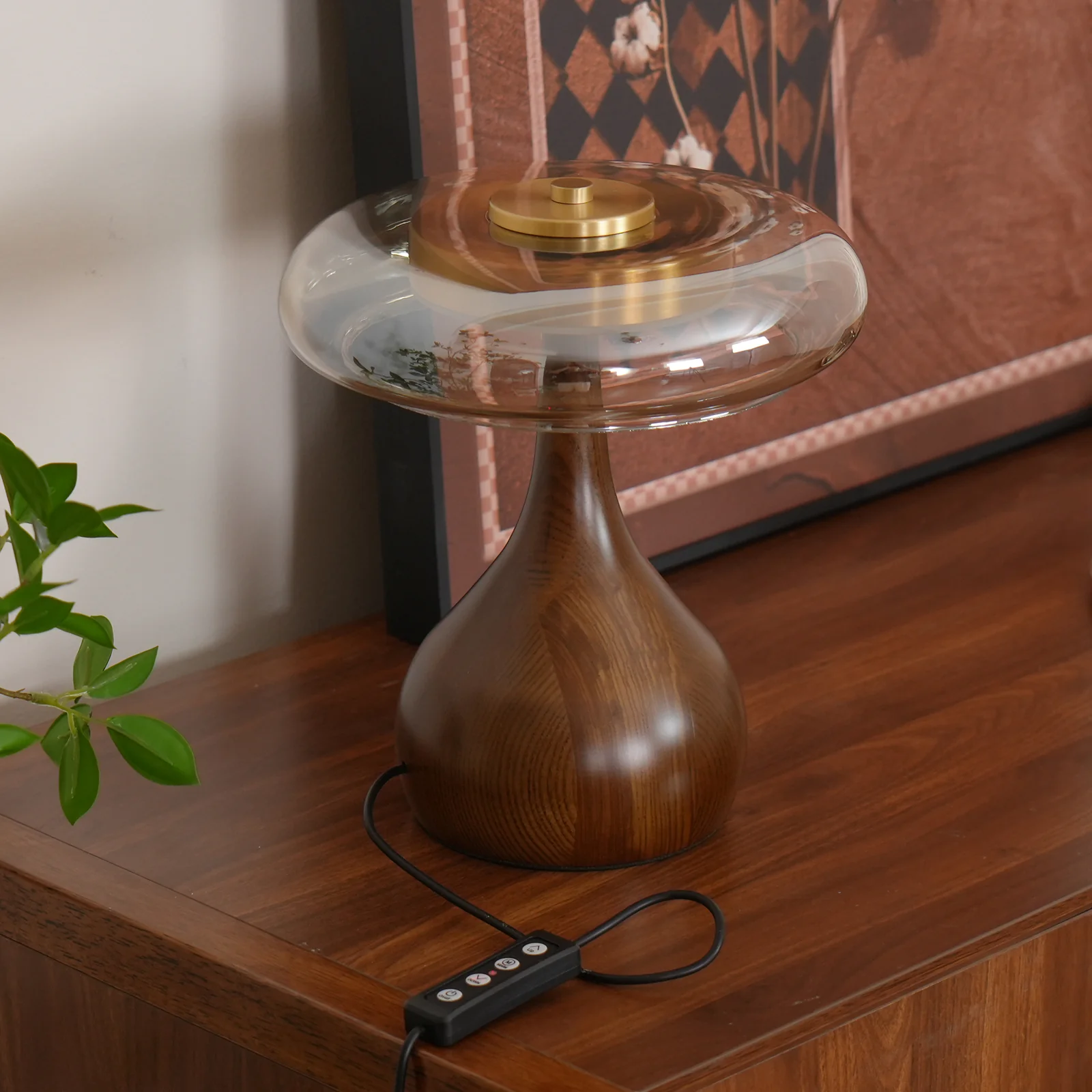 Ozawa Vintage Glass Wood Brass Table Lamp Bedroom Dining Room