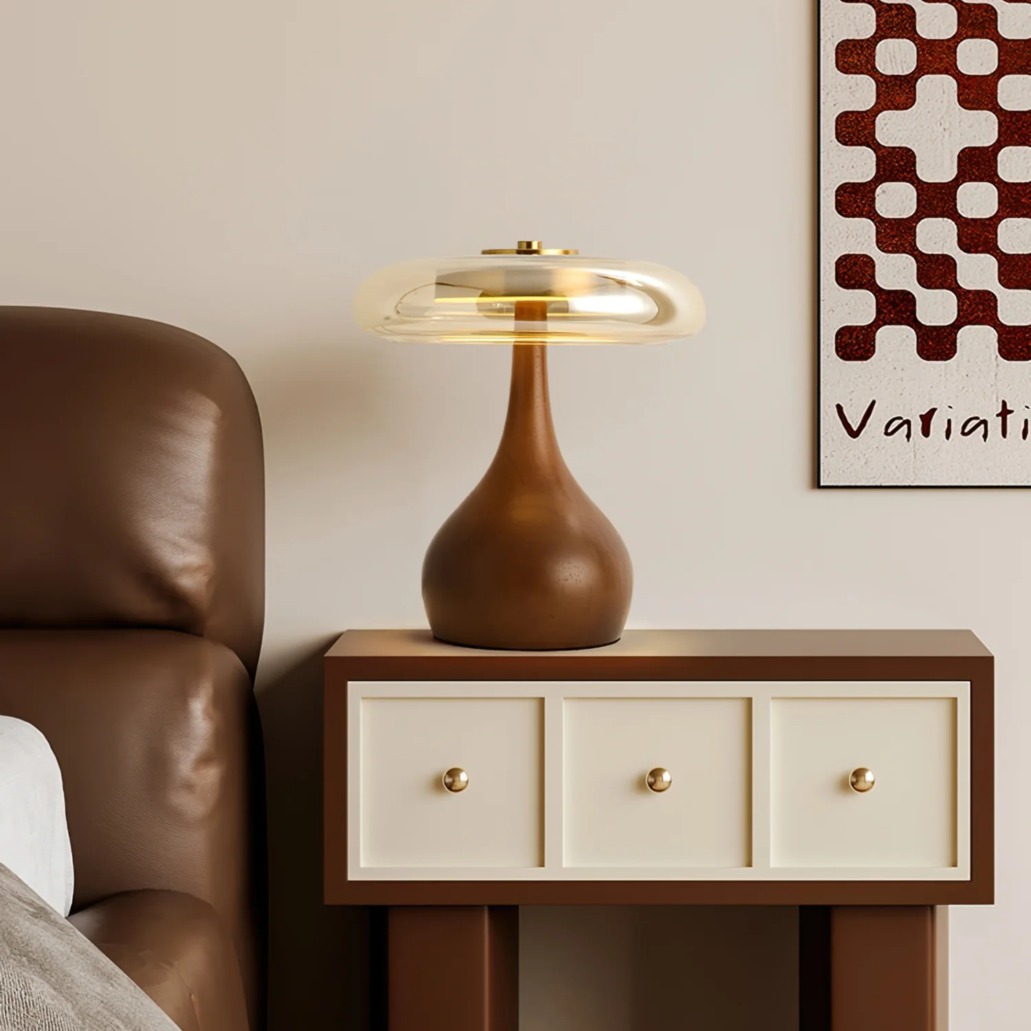 Ozawa Vintage Glass Wood Brass Table Lamp Bedroom Dining Room