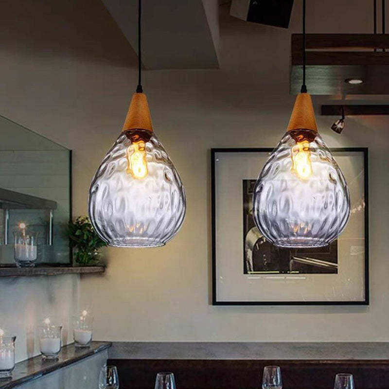 Avi Vintage Teardrop Pendant Light, Glass/Wood