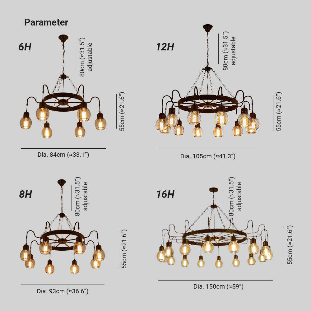 Alessio Chandelier Dimensions: 6H, 8H, 12H, 16H. Metal & Glass