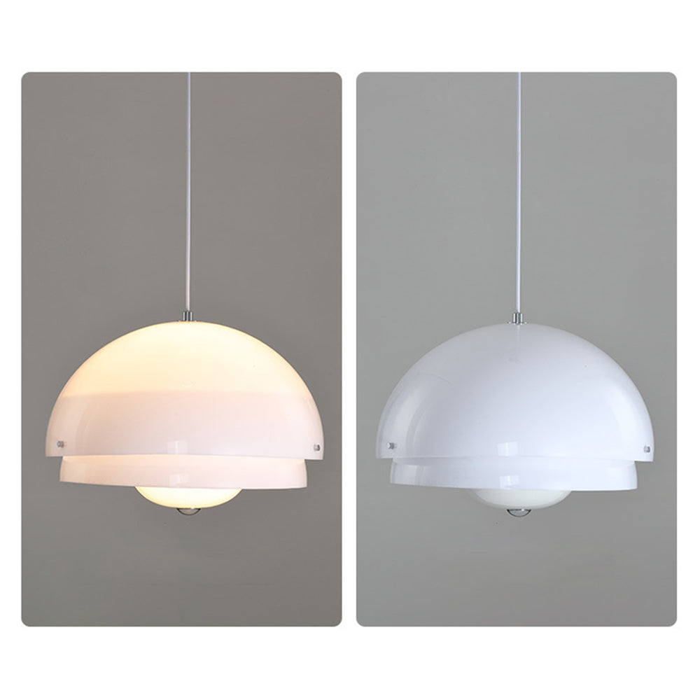 White Bauhaus Nordic Pendant Light, lit and unlit, detail