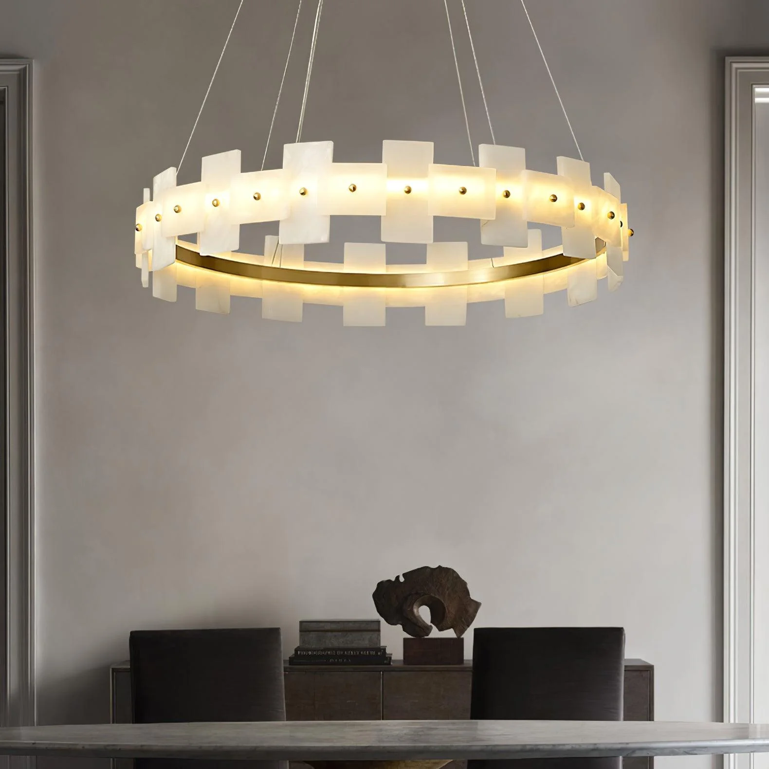 Valentina Gorgeous Ring Alabaster Brass Chandelier Living Room Bedroom